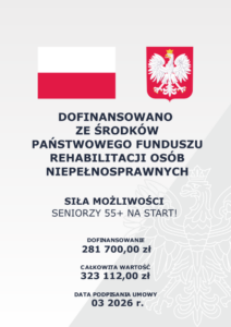 Plakat informacyjny: Dofinansowano ze środków Państwowego Funduszu Rehabilitacji Osób Niepełnosprawnych. Siła możliwości – Seniorzy 55+ na START! Dofinansowanie 281 700,00 zł, całkowita wartość 323 112,00 zł, data podpisania umowy 03.2026 r.