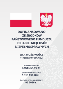 Plakat informacyjny: Dofinansowano ze środków Państwowego Funduszu Rehabilitacji Osób Niepełnosprawnych. Siła możliwości – Startujmy Razem. Dofinansowanie 5 008 364,90 zł, całkowita wartość 5 318 130,20 zł, data podpisania umowy 05.2026 r.
